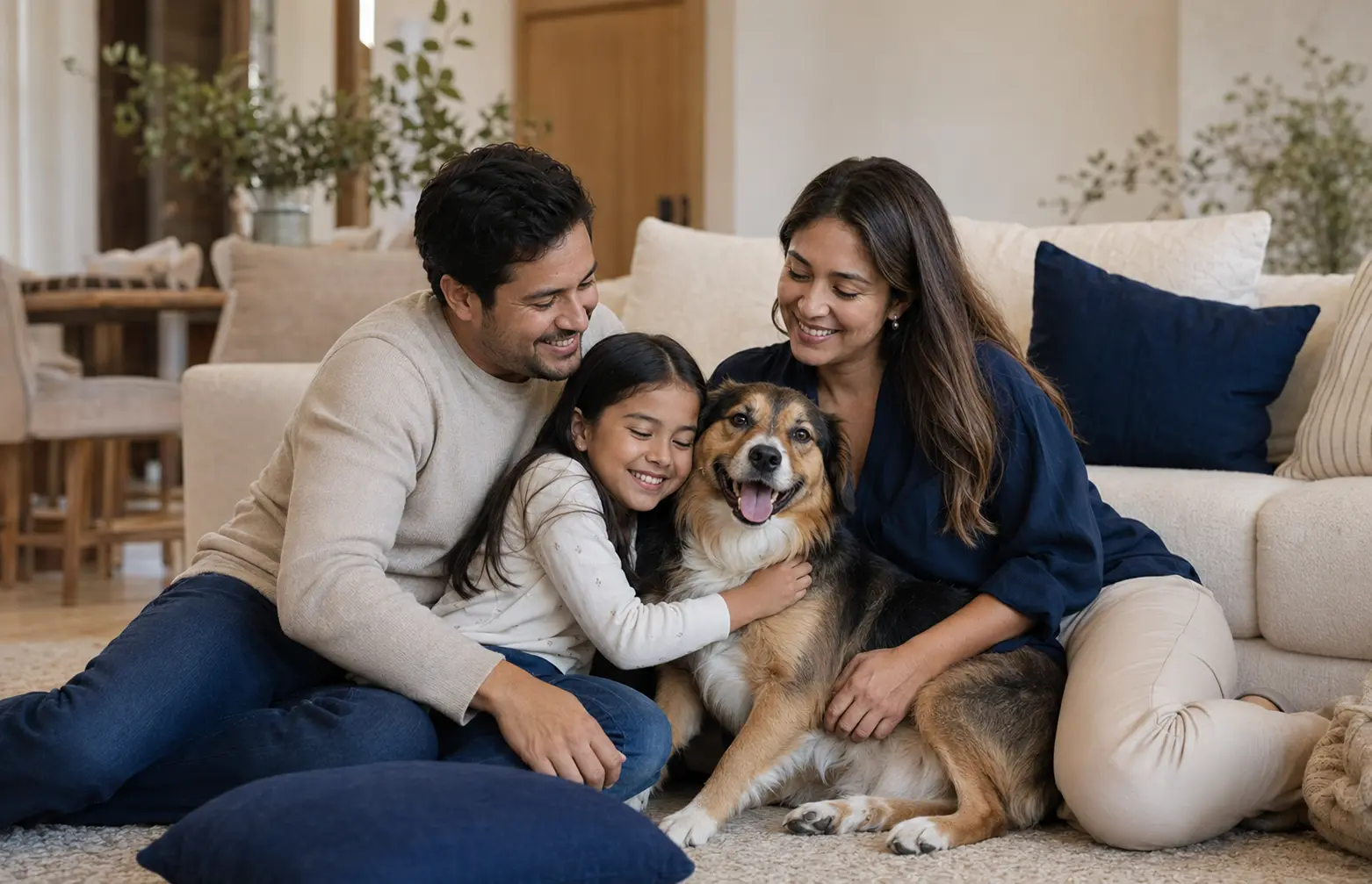 Familia latina compartiendo con su perro