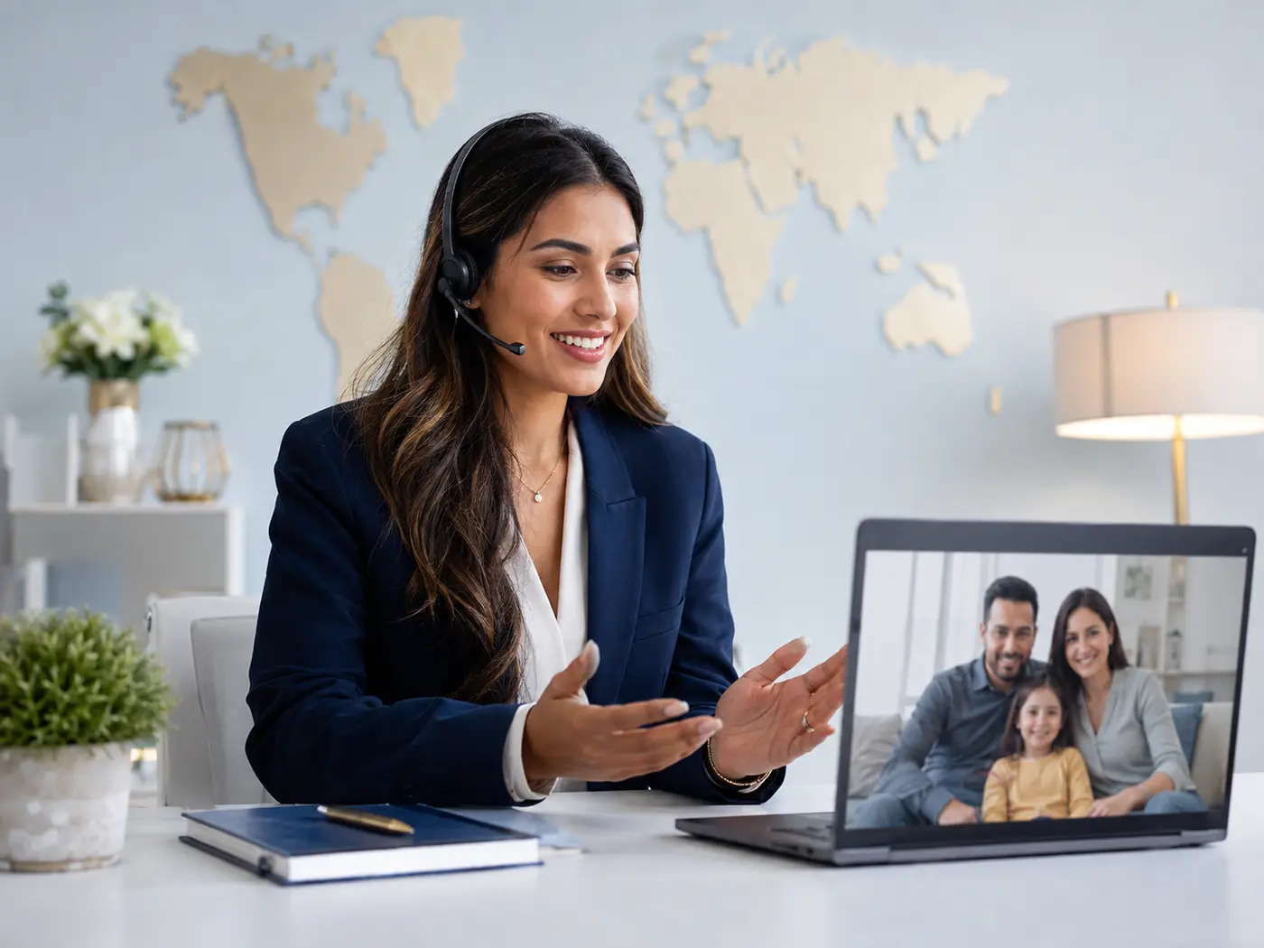 Asesora latina coordinando servicios con una familia