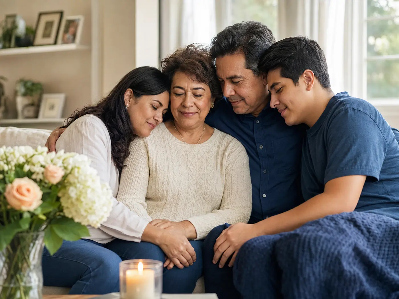 Familia latina acompañándose con serenidad
